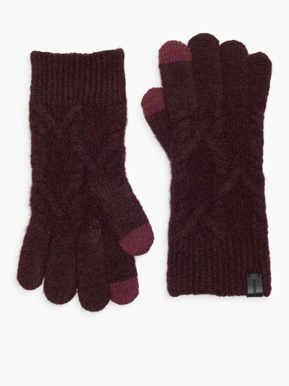 All Saints OS Cable Knit Tawny Port Red Burgundy Wool Blend Tech Finger Gloves